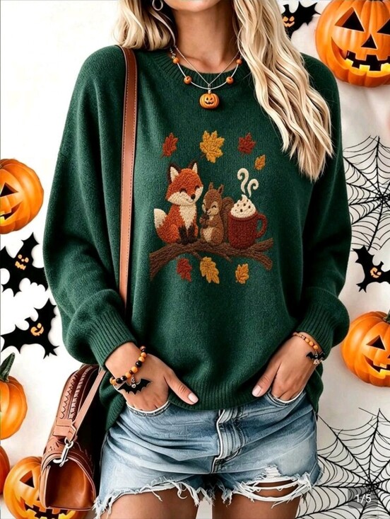 Sweaters - Cozy Green Fox & Squirrel Autumn Sweater